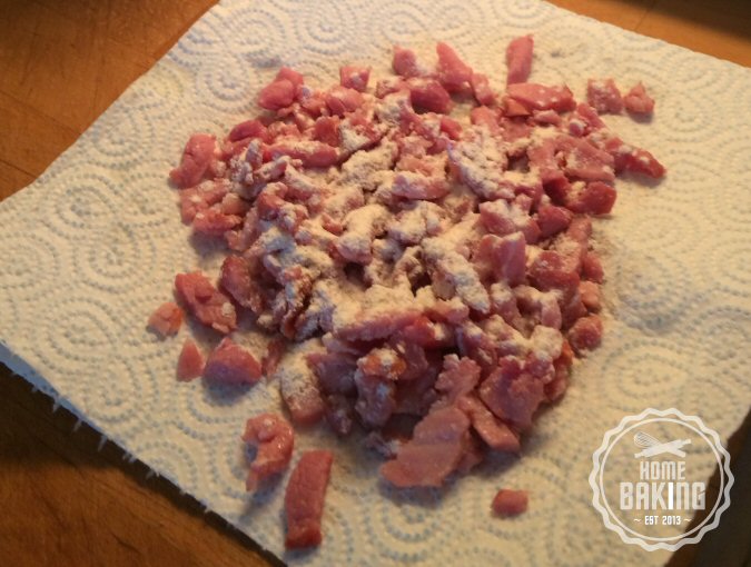 Dust the Smoked Bacon Lardons with Flour